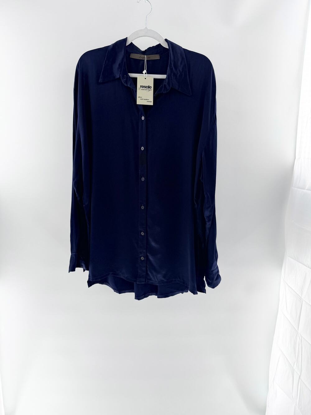 Enza Costa Rayon Long Sleeve Button-Down Shirt Top Dark Blue Women's Size 4 / XL